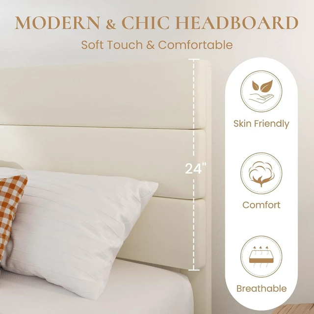 Alt view image 4 of 7 - King Platform Bed Frame with Velvet Upholstered Headboard, Mattress Foundation with Strong Wooden Slats Support, No Box Spring Needed, Cream