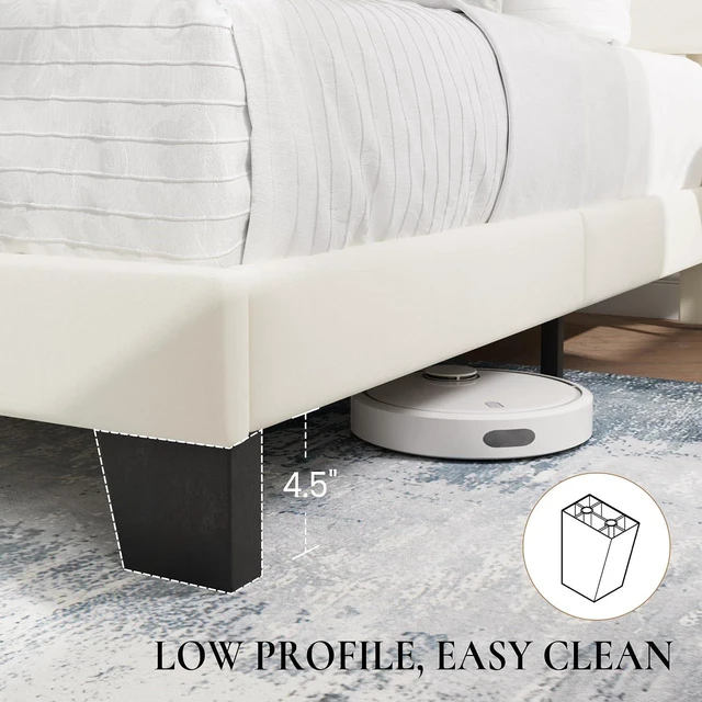 Alt view image 5 of 7 - King Platform Bed Frame with Velvet Upholstered Headboard, Mattress Foundation with Strong Wooden Slats Support, No Box Spring Needed, Cream