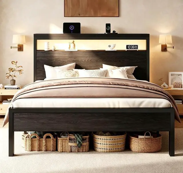 Main image of Queen Size Bed Frame / 2-Tier Storage Headboard/LED Light and Charging Station/Wood Metal Platform with Footboard/No Box Spring Needed/Noise-Free/Heavy Duty Slats/Black Oak
