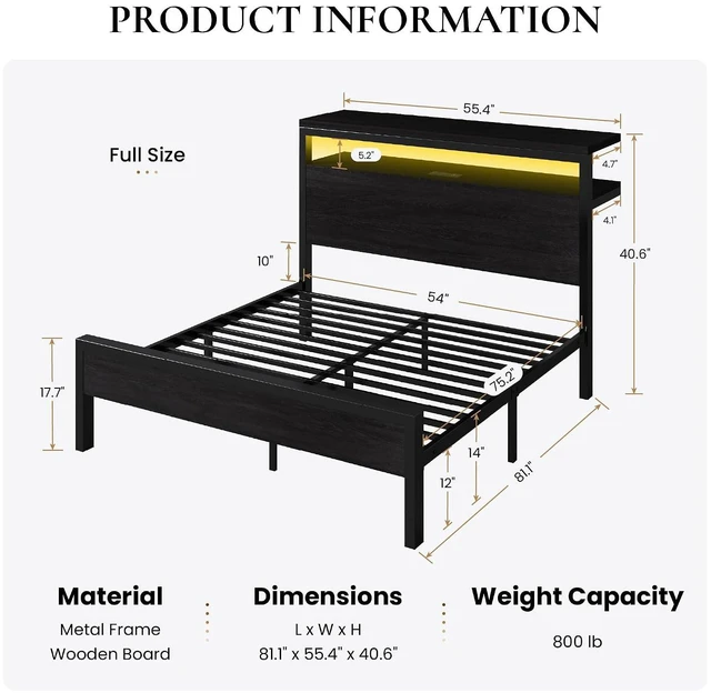 Alt view image 2 of 7 - Full Size Bed Frame / 2-Tier Storage Headboard/LED Light and Charging Station/Wood Metal Platform with Footboard/No Box Spring Needed/Noise-Free/Heavy Duty Slats/Black Oak