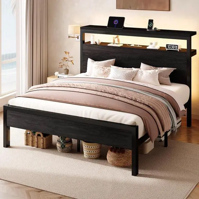 Alt view image 3 of 7 - Queen Size Bed Frame / 2-Tier Storage Headboard/LED Light and Charging Station/Wood Metal Platform with Footboard/No Box Spring Needed/Noise-Free/Heavy Duty Slats/Black Oak