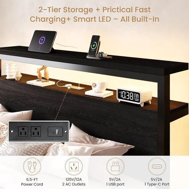 Alt view image 4 of 7 - Queen Size Bed Frame / 2-Tier Storage Headboard/LED Light and Charging Station/Wood Metal Platform with Footboard/No Box Spring Needed/Noise-Free/Heavy Duty Slats/Black Oak