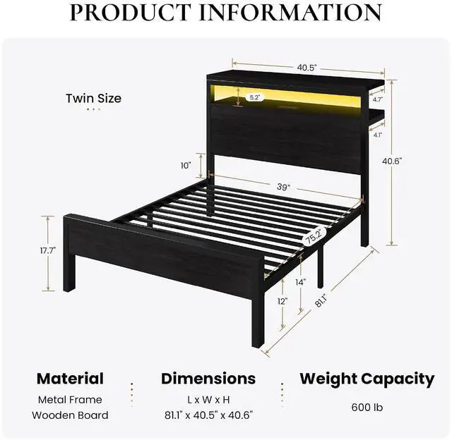 Alt view image 2 of 7 - Twin Size Bed Frame / 2-Tier Storage Headboard/LED Light and Charging Station/Wood Metal Platform with Footboard/No Box Spring Needed/Noise-Free/Heavy Duty Slats/Black Oak