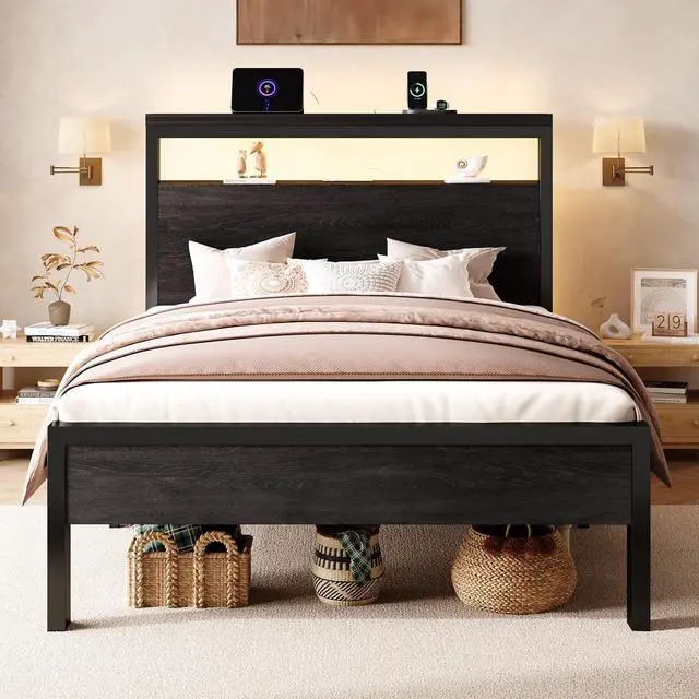 Main image of Twin Size Bed Frame / 2-Tier Storage Headboard/LED Light and Charging Station/Wood Metal Platform with Footboard/No Box Spring Needed/Noise-Free/Heavy Duty Slats/Black Oak