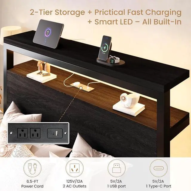 Alt view image 4 of 7 - Twin Size Bed Frame / 2-Tier Storage Headboard/LED Light and Charging Station/Wood Metal Platform with Footboard/No Box Spring Needed/Noise-Free/Heavy Duty Slats/Black Oak