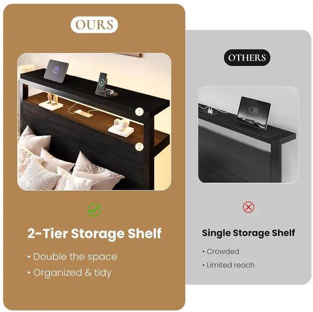 Alt view image 5 of 7 - Twin Size Bed Frame / 2-Tier Storage Headboard/LED Light and Charging Station/Wood Metal Platform with Footboard/No Box Spring Needed/Noise-Free/Heavy Duty Slats/Black Oak