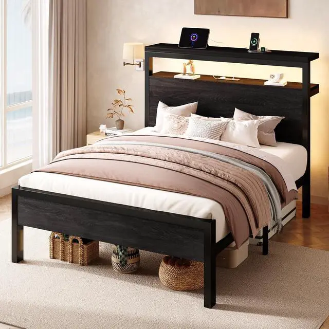 Alt view image 3 of 7 - Twin Size Bed Frame / 2-Tier Storage Headboard/LED Light and Charging Station/Wood Metal Platform with Footboard/No Box Spring Needed/Noise-Free/Heavy Duty Slats/Black Oak