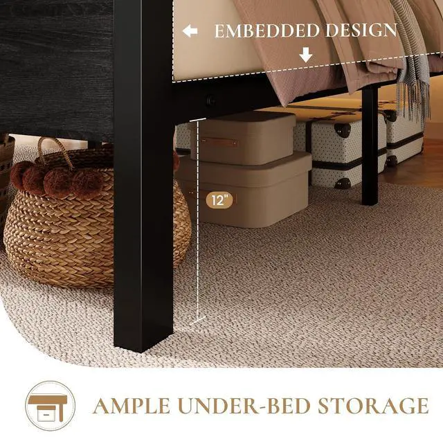Alt view image 6 of 7 - Queen Size Bed Frame / 2-Tier Storage Headboard/LED Light and Charging Station/Wood Metal Platform with Footboard/No Box Spring Needed/Noise-Free/Heavy Duty Slats/Black Oak