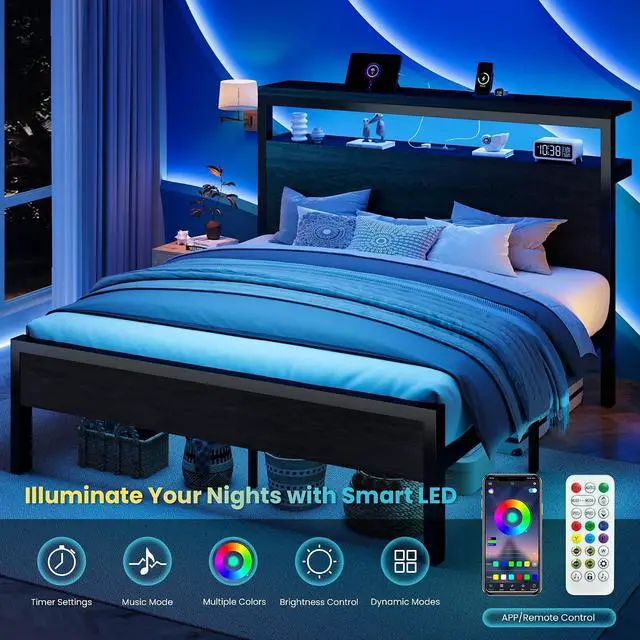 Alt view image 7 of 7 - Queen Size Bed Frame / 2-Tier Storage Headboard/LED Light and Charging Station/Wood Metal Platform with Footboard/No Box Spring Needed/Noise-Free/Heavy Duty Slats/Black Oak
