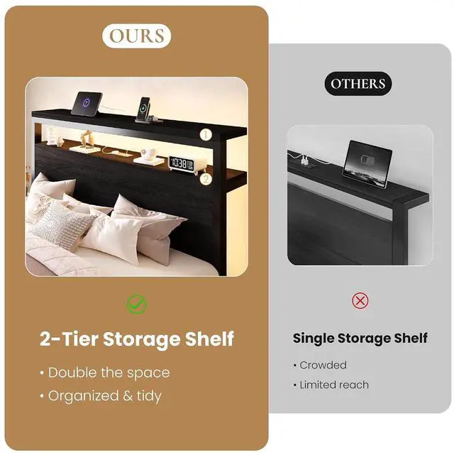 Alt view image 5 of 7 - Queen Size Bed Frame / 2-Tier Storage Headboard/LED Light and Charging Station/Wood Metal Platform with Footboard/No Box Spring Needed/Noise-Free/Heavy Duty Slats/Black Oak