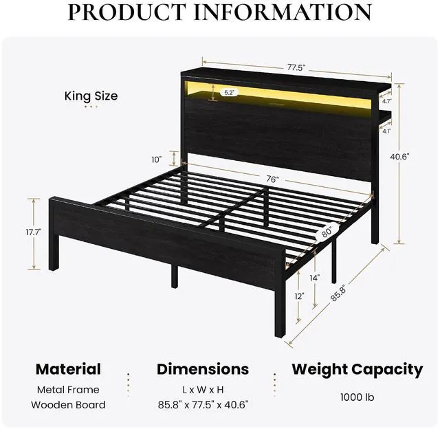 Alt view image 2 of 7 - King Size Bed Frame / 2-Tier Storage Headboard/LED Light and Charging Station/Wood Metal Platform with Footboard/No Box Spring Needed/Noise-Free/Heavy Duty Slats/Black Oak