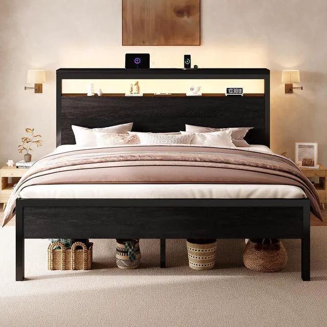 Main image of King Size Bed Frame / 2-Tier Storage Headboard/LED Light and Charging Station/Wood Metal Platform with Footboard/No Box Spring Needed/Noise-Free/Heavy Duty Slats/Black Oak