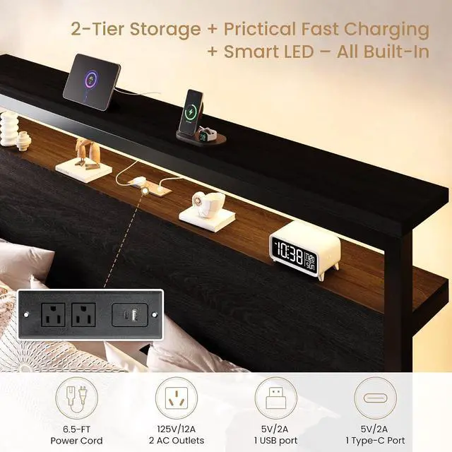 Alt view image 4 of 7 - King Size Bed Frame / 2-Tier Storage Headboard/LED Light and Charging Station/Wood Metal Platform with Footboard/No Box Spring Needed/Noise-Free/Heavy Duty Slats/Black Oak