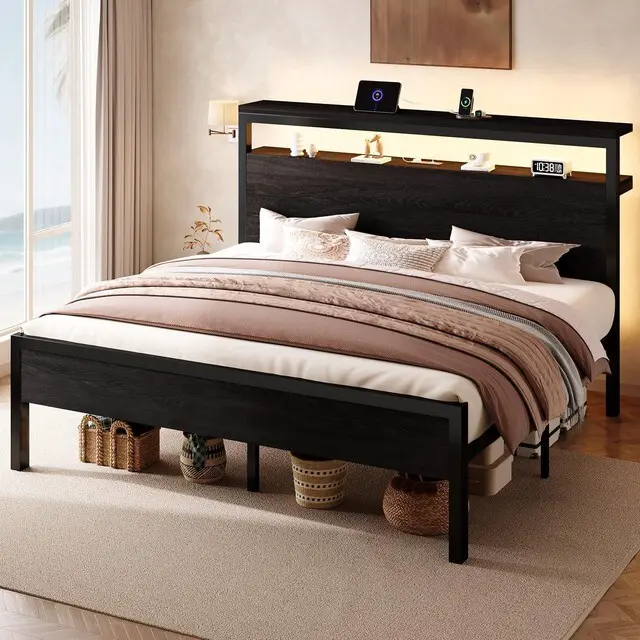 Alt view image 3 of 7 - King Size Bed Frame / 2-Tier Storage Headboard/LED Light and Charging Station/Wood Metal Platform with Footboard/No Box Spring Needed/Noise-Free/Heavy Duty Slats/Black Oak
