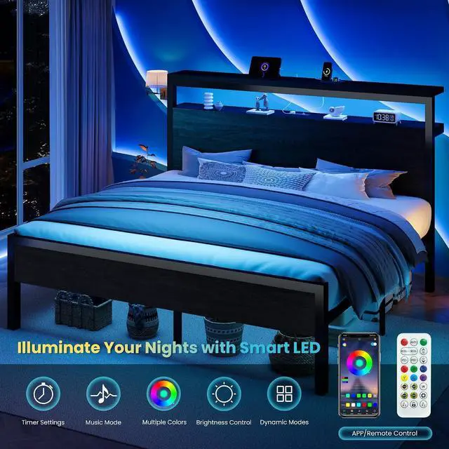 Alt view image 7 of 7 - King Size Bed Frame / 2-Tier Storage Headboard/LED Light and Charging Station/Wood Metal Platform with Footboard/No Box Spring Needed/Noise-Free/Heavy Duty Slats/Black Oak