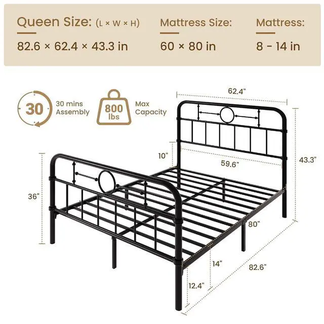 Alt view image 2 of 7 - Queen Bed Frame with Vintage Headboard, Heavy Duty Metal Platform Bed Frame, No Box Spring Needed, Noise-Free, 12.4" Under-Bed Storage, Easy Assembly, Black