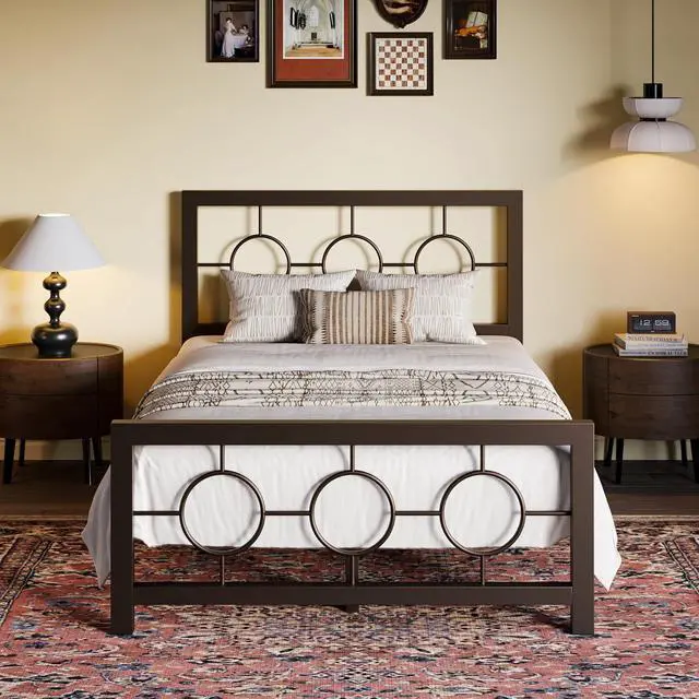 Main image of Twin Metal Bed Frame with Vintage Circular Design Headboard and Footboard, No Box Spring Required, Easy Assembly, Noise-Free,Brown