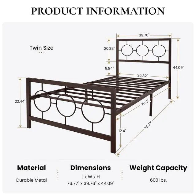 Alt view image 2 of 7 - Twin Metal Bed Frame with Vintage Circular Design Headboard and Footboard, No Box Spring Required, Easy Assembly, Noise-Free,Brown