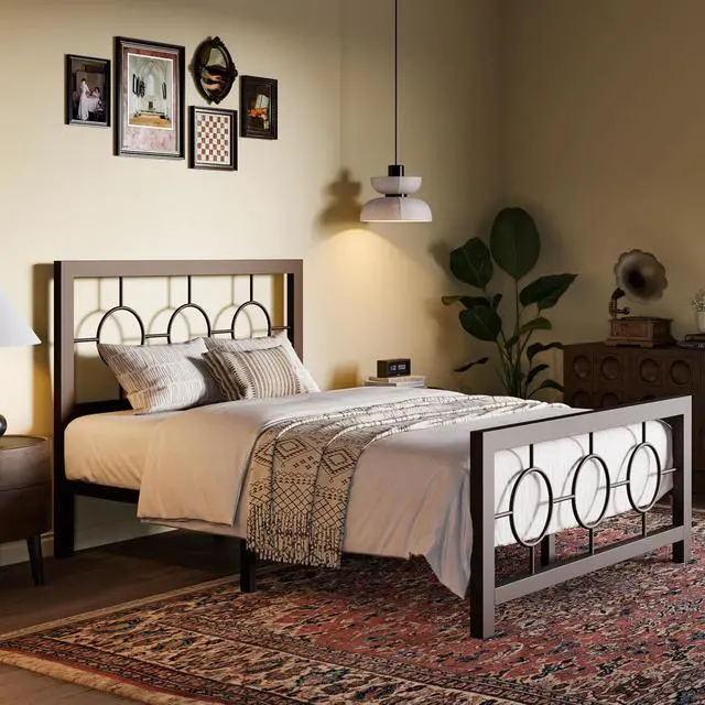 Alt view image 3 of 7 - Twin Metal Bed Frame with Vintage Circular Design Headboard and Footboard, No Box Spring Required, Easy Assembly, Noise-Free,Brown