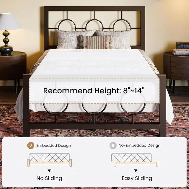Alt view image 7 of 7 - Twin Metal Bed Frame with Vintage Circular Design Headboard and Footboard, No Box Spring Required, Easy Assembly, Noise-Free,Brown
