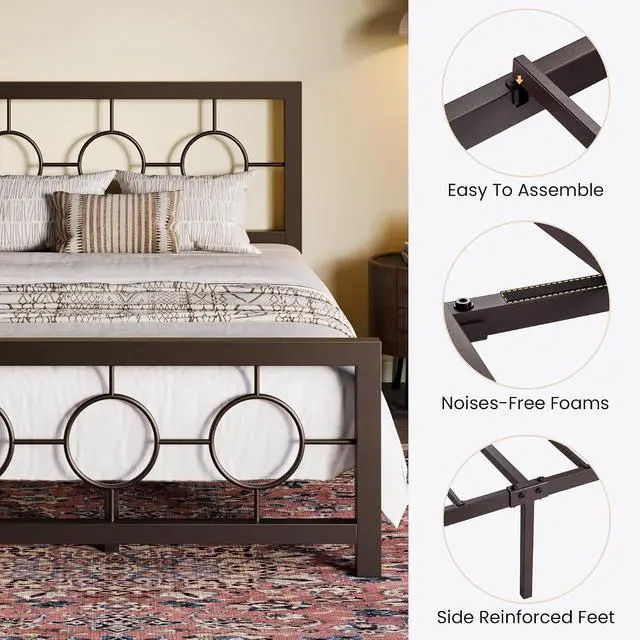 Alt view image 6 of 7 - Twin Metal Bed Frame with Vintage Circular Design Headboard and Footboard, No Box Spring Required, Easy Assembly, Noise-Free,Brown