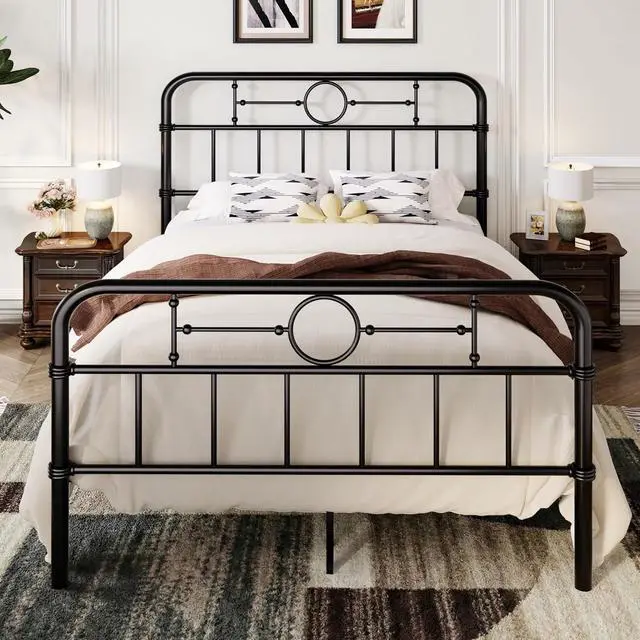 Main image of Queen Bed Frame with Vintage Headboard, Heavy Duty Metal Platform Bed Frame, No Box Spring Needed, Noise-Free, 12.4" Under-Bed Storage, Easy Assembly, Black