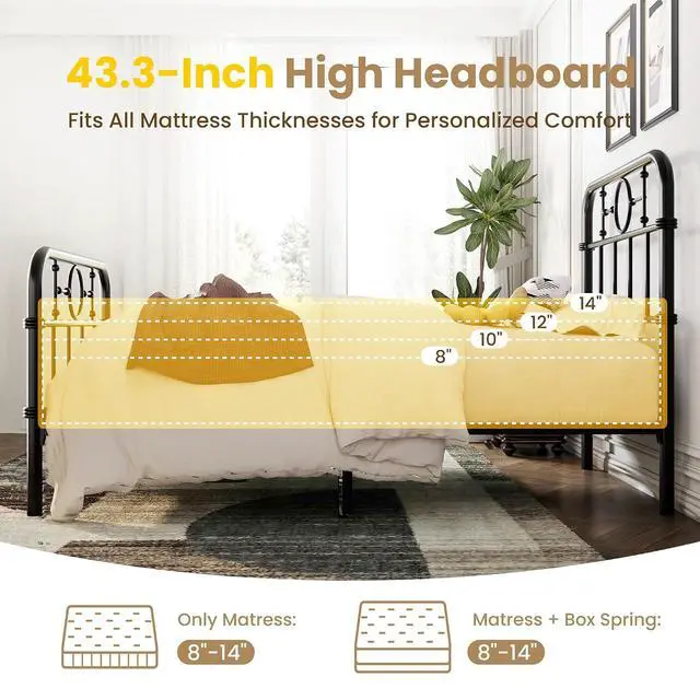 Alt view image 6 of 7 - Twin Bed Frame with Vintage Headboard, Heavy Duty Metal Platform Bed Frame, No Box Spring Needed, Noise-Free, 12.4" Under-Bed Storage, Easy Assembly, Black