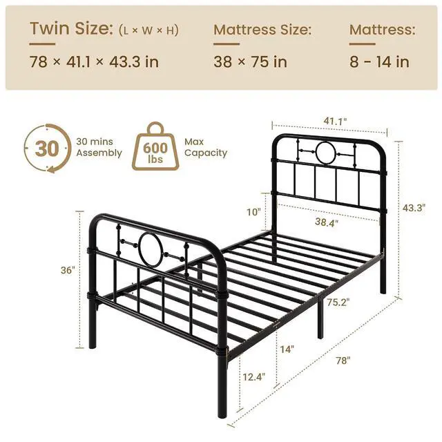Alt view image 2 of 7 - Twin Bed Frame with Vintage Headboard, Heavy Duty Metal Platform Bed Frame, No Box Spring Needed, Noise-Free, 12.4" Under-Bed Storage, Easy Assembly, Black