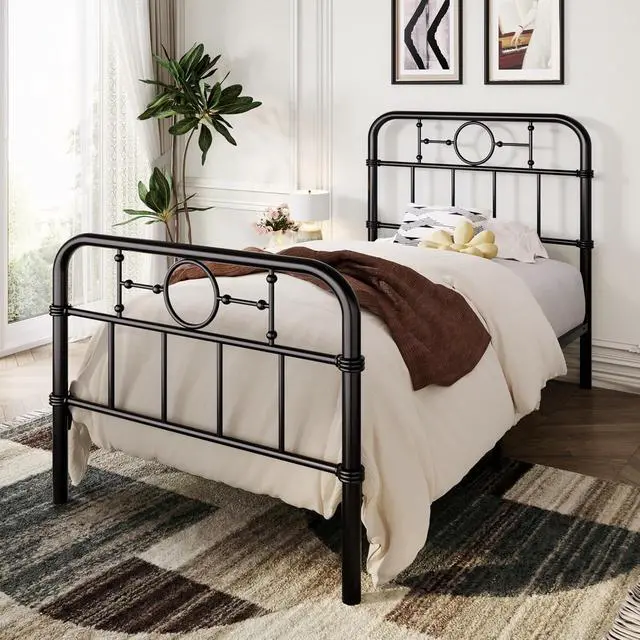 Alt view image 3 of 7 - Twin Bed Frame with Vintage Headboard, Heavy Duty Metal Platform Bed Frame, No Box Spring Needed, Noise-Free, 12.4" Under-Bed Storage, Easy Assembly, Black