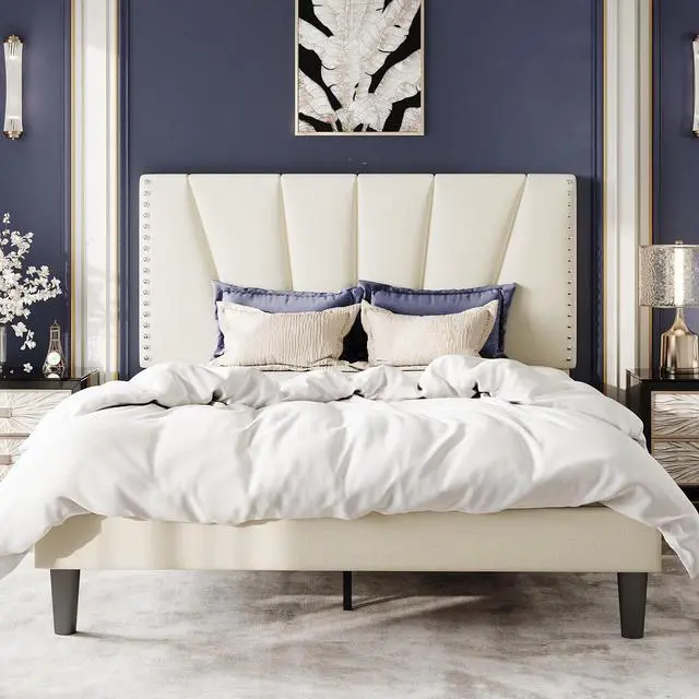 Main image of Queen Size Bed Frame with Adjustable Upholstered Velvet Rivets Headboard, Sturdy Wooden Slats, Strong Platform Support for Mattress, No Box Spring Needed, Easy Assembly, Cream