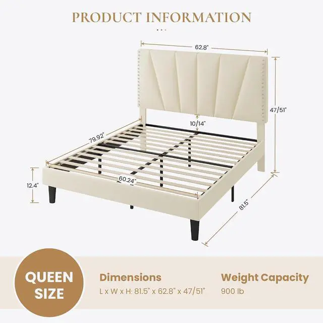 Alt view image 2 of 7 - Queen Size Bed Frame with Adjustable Upholstered Velvet Rivets Headboard, Sturdy Wooden Slats, Strong Platform Support for Mattress, No Box Spring Needed, Easy Assembly, Cream