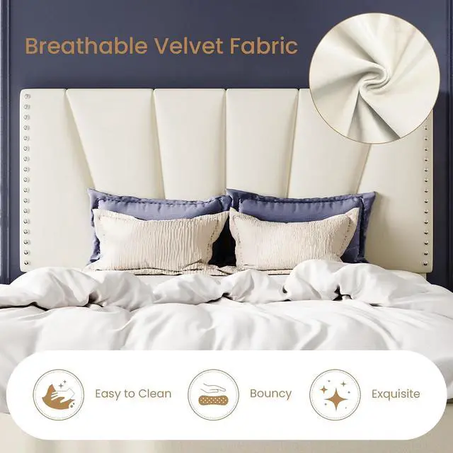 Alt view image 5 of 7 - Queen Size Bed Frame with Adjustable Upholstered Velvet Rivets Headboard, Sturdy Wooden Slats, Strong Platform Support for Mattress, No Box Spring Needed, Easy Assembly, Cream