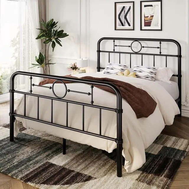 Alt view image 3 of 7 - Queen Bed Frame with Vintage Headboard, Heavy Duty Metal Platform Bed Frame, No Box Spring Needed, Noise-Free, 12.4" Under-Bed Storage, Easy Assembly, Black