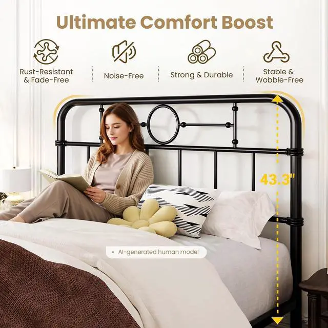 Alt view image 4 of 7 - Queen Bed Frame with Vintage Headboard, Heavy Duty Metal Platform Bed Frame, No Box Spring Needed, Noise-Free, 12.4" Under-Bed Storage, Easy Assembly, Black