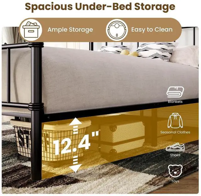Alt view image 5 of 7 - Queen Bed Frame with Vintage Headboard, Heavy Duty Metal Platform Bed Frame, No Box Spring Needed, Noise-Free, 12.4" Under-Bed Storage, Easy Assembly, Black
