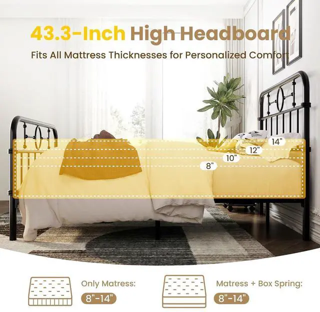Alt view image 6 of 7 - Queen Bed Frame with Vintage Headboard, Heavy Duty Metal Platform Bed Frame, No Box Spring Needed, Noise-Free, 12.4" Under-Bed Storage, Easy Assembly, Black
