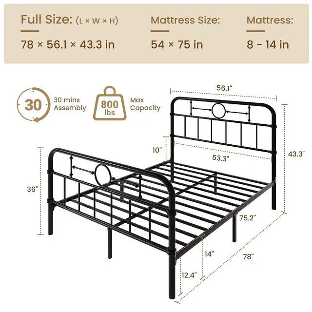 Alt view image 2 of 7 - Full Size Bed Frame with Vintage Headboard, Heavy Duty Metal Platform Bed Frame, No Box Spring Needed, Noise-Free, 12.4" Under-Bed Storage, Easy Assembly, Black