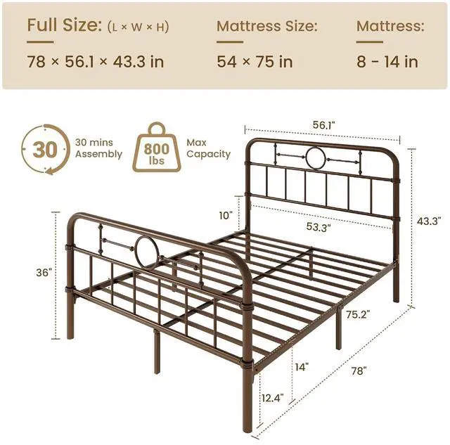 Alt view image 2 of 7 - Full Size Bed Frame with Vintage Headboard, Heavy Duty Metal Platform Bed Frame, No Box Spring Needed, Noise-Free, 12.4" Under-Bed Storage, Easy Assembly, Antique Bronze