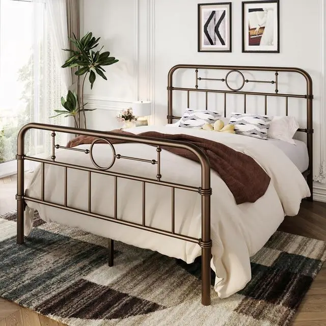 Alt view image 3 of 7 - Full Size Bed Frame with Vintage Headboard, Heavy Duty Metal Platform Bed Frame, No Box Spring Needed, Noise-Free, 12.4" Under-Bed Storage, Easy Assembly, Antique Bronze