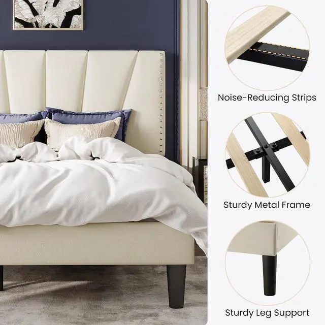 Alt view image 7 of 7 - Queen Size Bed Frame with Adjustable Upholstered Velvet Rivets Headboard, Sturdy Wooden Slats, Strong Platform Support for Mattress, No Box Spring Needed, Easy Assembly, Cream