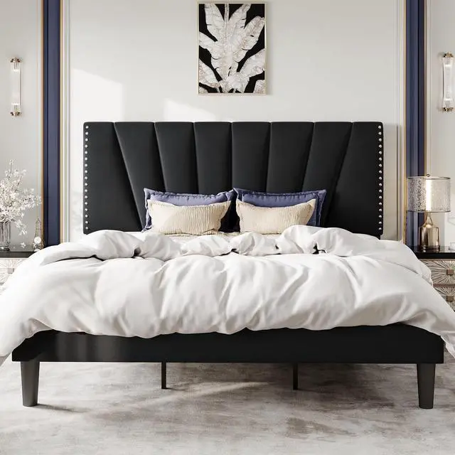 Main image of King Size Bed Frame with Adjustable Upholstered Velvet Rivets Headboard, Sturdy Wooden Slats, Strong Platform Support for Mattress, No Box Spring Needed, Easy Assembly, Black