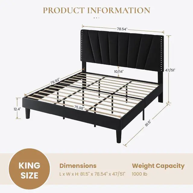 Alt view image 2 of 7 - King Size Bed Frame with Adjustable Upholstered Velvet Rivets Headboard, Sturdy Wooden Slats, Strong Platform Support for Mattress, No Box Spring Needed, Easy Assembly, Black