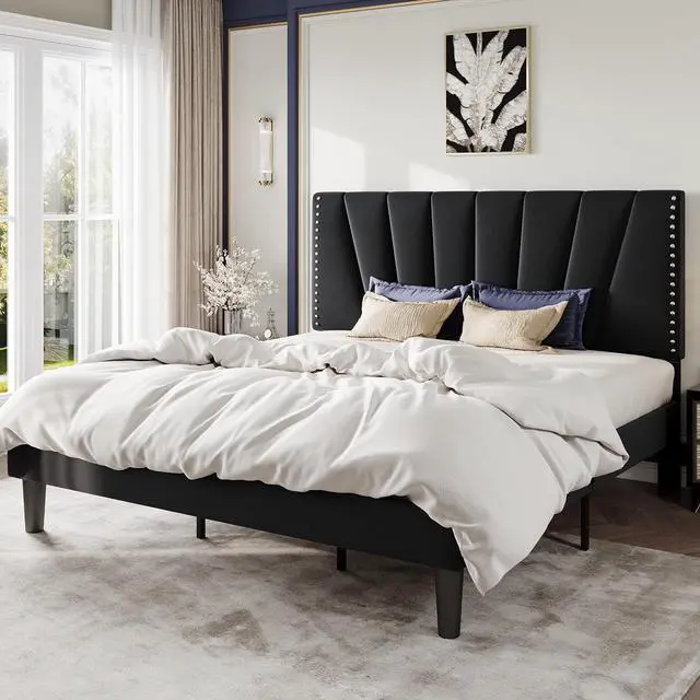 Alt view image 3 of 7 - King Size Bed Frame with Adjustable Upholstered Velvet Rivets Headboard, Sturdy Wooden Slats, Strong Platform Support for Mattress, No Box Spring Needed, Easy Assembly, Black