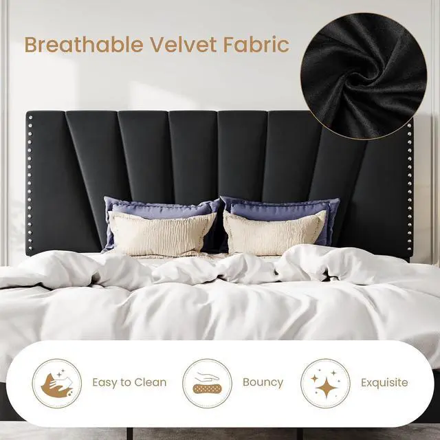 Alt view image 5 of 7 - King Size Bed Frame with Adjustable Upholstered Velvet Rivets Headboard, Sturdy Wooden Slats, Strong Platform Support for Mattress, No Box Spring Needed, Easy Assembly, Black