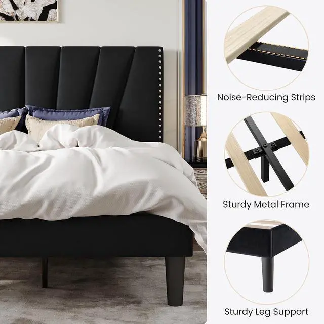 Alt view image 7 of 7 - King Size Bed Frame with Adjustable Upholstered Velvet Rivets Headboard, Sturdy Wooden Slats, Strong Platform Support for Mattress, No Box Spring Needed, Easy Assembly, Black