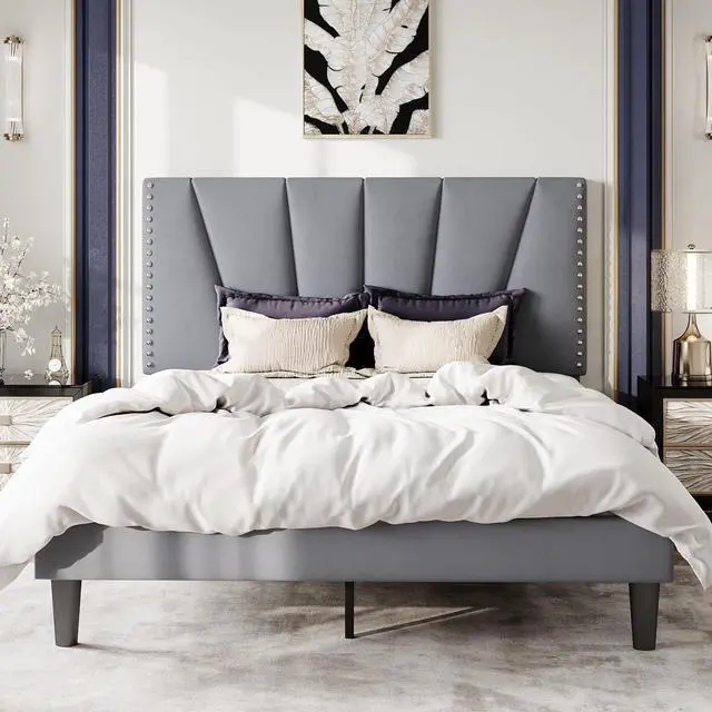 Main image of Full Size Bed Frame with Adjustable Upholstered Velvet Rivets Headboard, Sturdy Wooden Slats, Strong Platform Support for Mattress, No Box Spring Needed, Easy Assembly, Grey