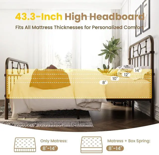 Alt view image 6 of 7 - Full Size Bed Frame with Vintage Headboard, Heavy Duty Metal Platform Bed Frame, No Box Spring Needed, Noise-Free, 12.4" Under-Bed Storage, Easy Assembly, Antique Bronze