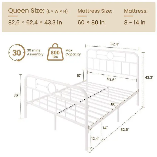 Alt view image 2 of 7 - Queen Bed Frame with Vintage Headboard, Heavy Duty Metal Platform Bed Frame, No Box Spring Needed, Noise-Free, 12.4" Under-Bed Storage, Easy Assembly, White