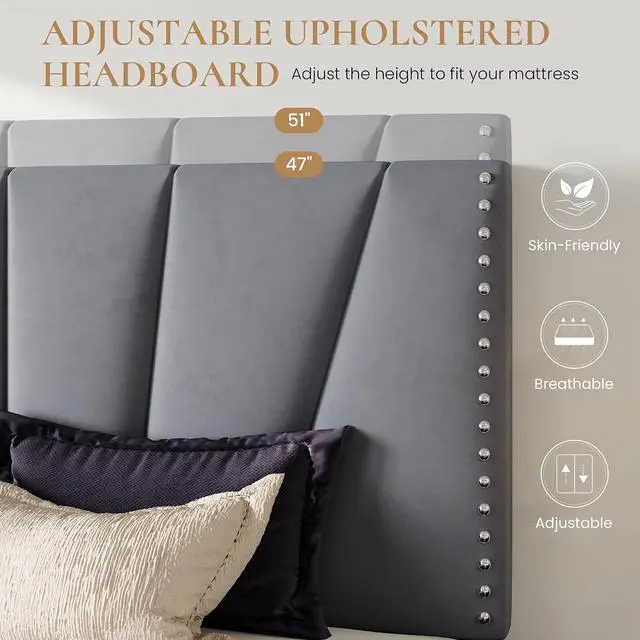 Alt view image 4 of 7 - Full Size Bed Frame with Adjustable Upholstered Velvet Rivets Headboard, Sturdy Wooden Slats, Strong Platform Support for Mattress, No Box Spring Needed, Easy Assembly, Grey