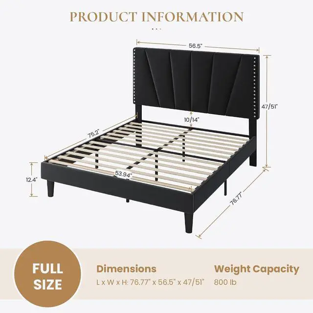 Alt view image 2 of 7 - Full Size Bed Frame with Adjustable Upholstered Velvet Rivets Headboard, Sturdy Wooden Slats, Strong Platform Support for Mattress, No Box Spring Needed, Easy Assembly, Black